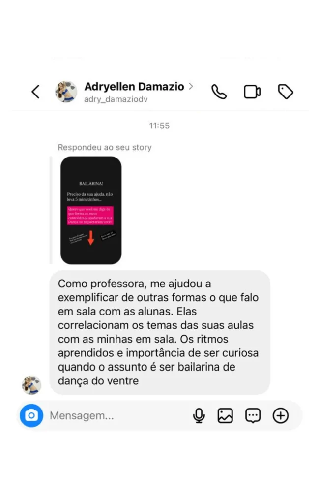 Depoimento de aluna enviado por mensagem no Instagram