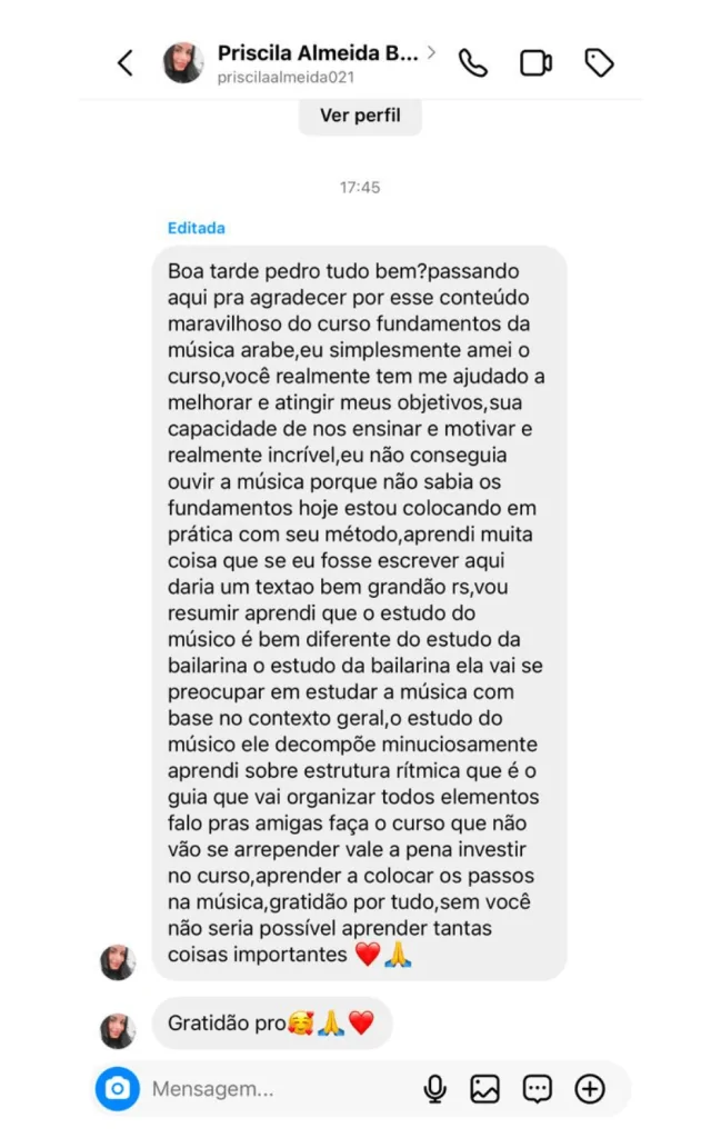 Depoimento de aluna enviado por mensagem no Instagram