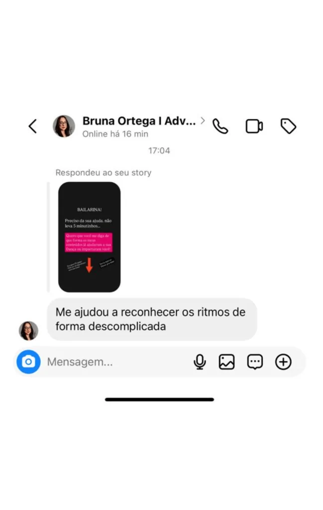 Depoimento de aluna enviado por mensagem no Instagram